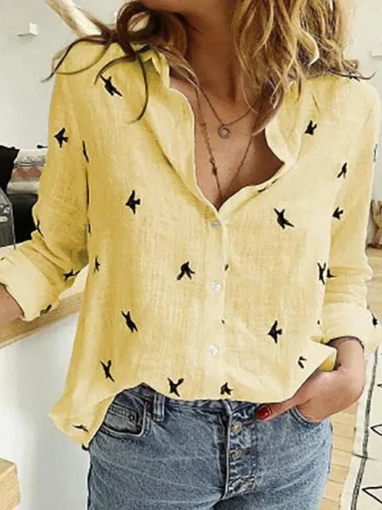 Avery Women's Long Sleeve Bird Print Button-Down Blouse
