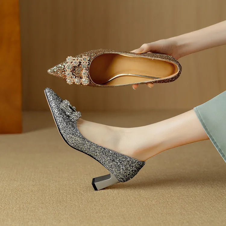Stella | Women's Pointed Toe Glitter Block Heel Pumps with Crystal Buckle