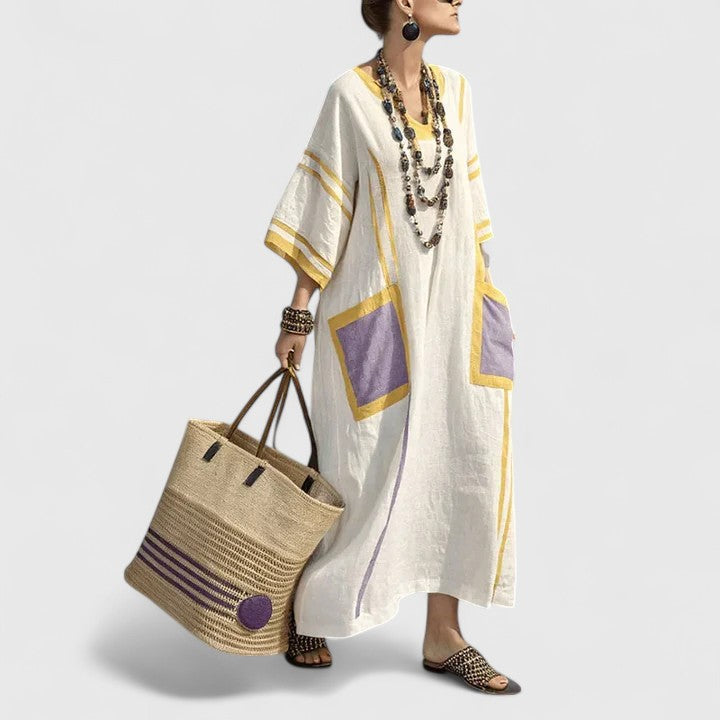 Sage | Women's Striped Linen Maxi Dress with V-Neck and Pockets