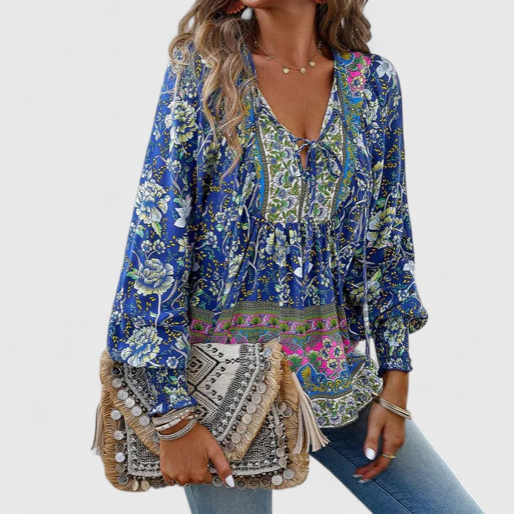 Sienna | Women's Bohemian Floral V-Neck Blouse with Puff Sleeves