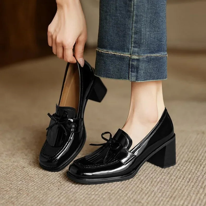 Vivienne | Women's Block Heel Tassel Loafer Pumps with Round Toe