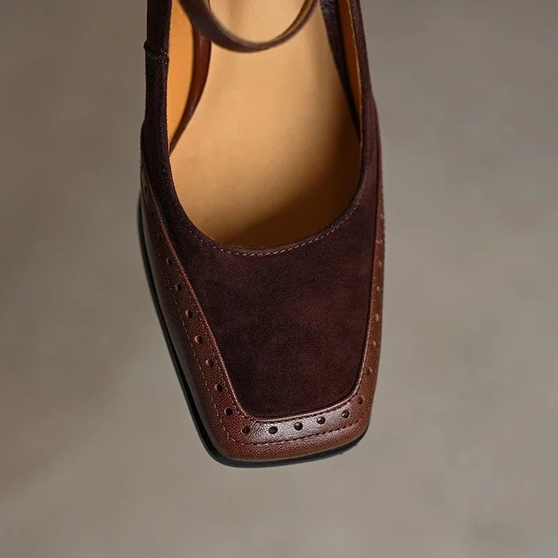 Constance | Women's Ankle Strap Brogue Pumps with Square Toe and Block Heel