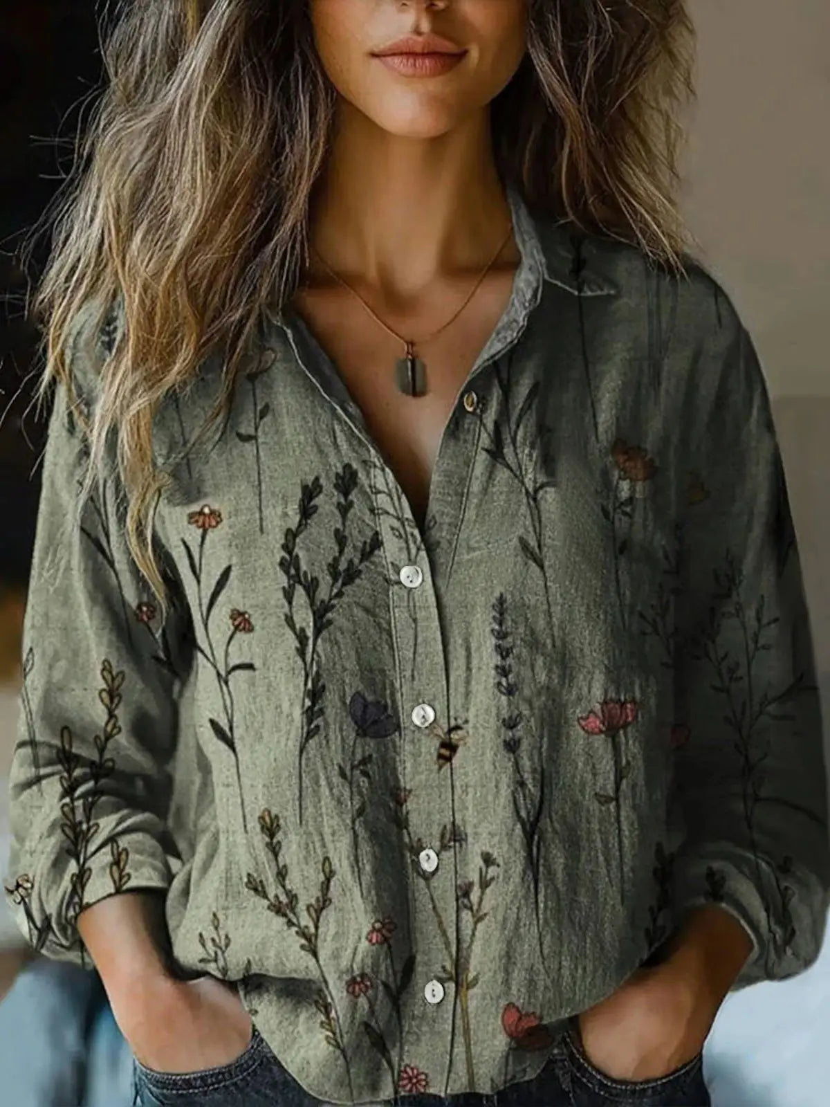 Vintage Floral Print Long Sleeve Button-Down Shirt for Women - Autumn Collection