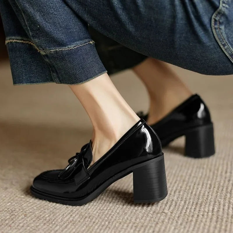 Vivienne | Women's Block Heel Tassel Loafer Pumps with Round Toe