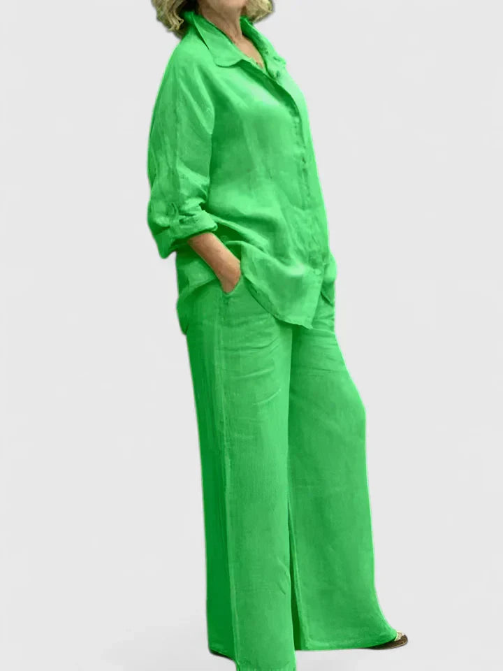 Roslyn | Women's Two-Piece Set: Button-Down Shirt and Wide Leg Pants