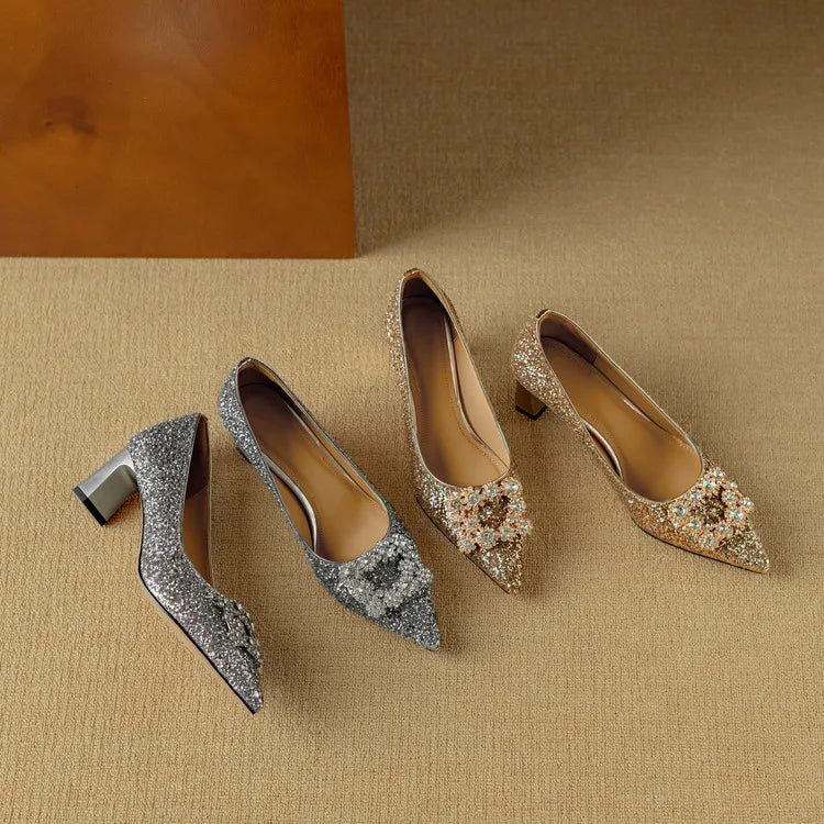Stella | Women's Pointed Toe Glitter Block Heel Pumps with Crystal Buckle
