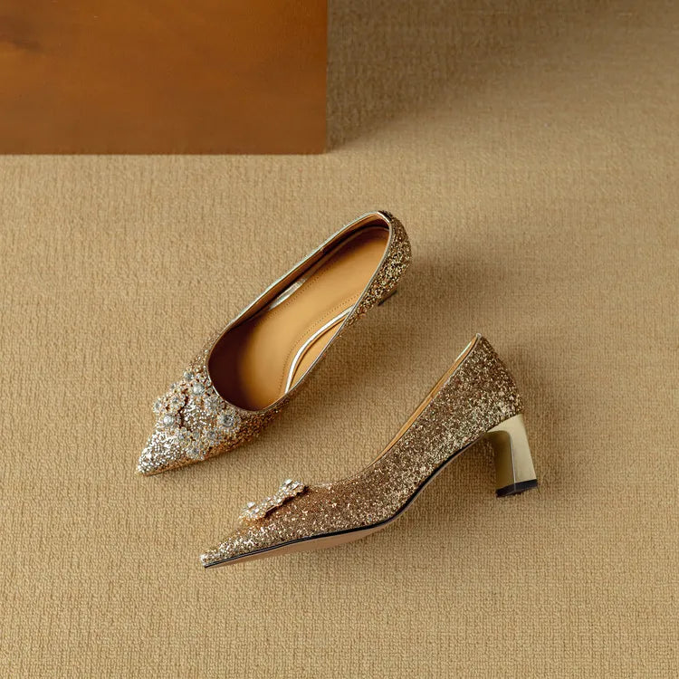 Stella | Women's Pointed Toe Glitter Block Heel Pumps with Crystal Buckle
