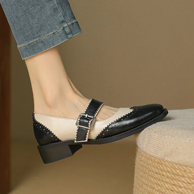 Harlow | Women's Two-Tone Leather Brogue T-Strap Mary Jane Shoes