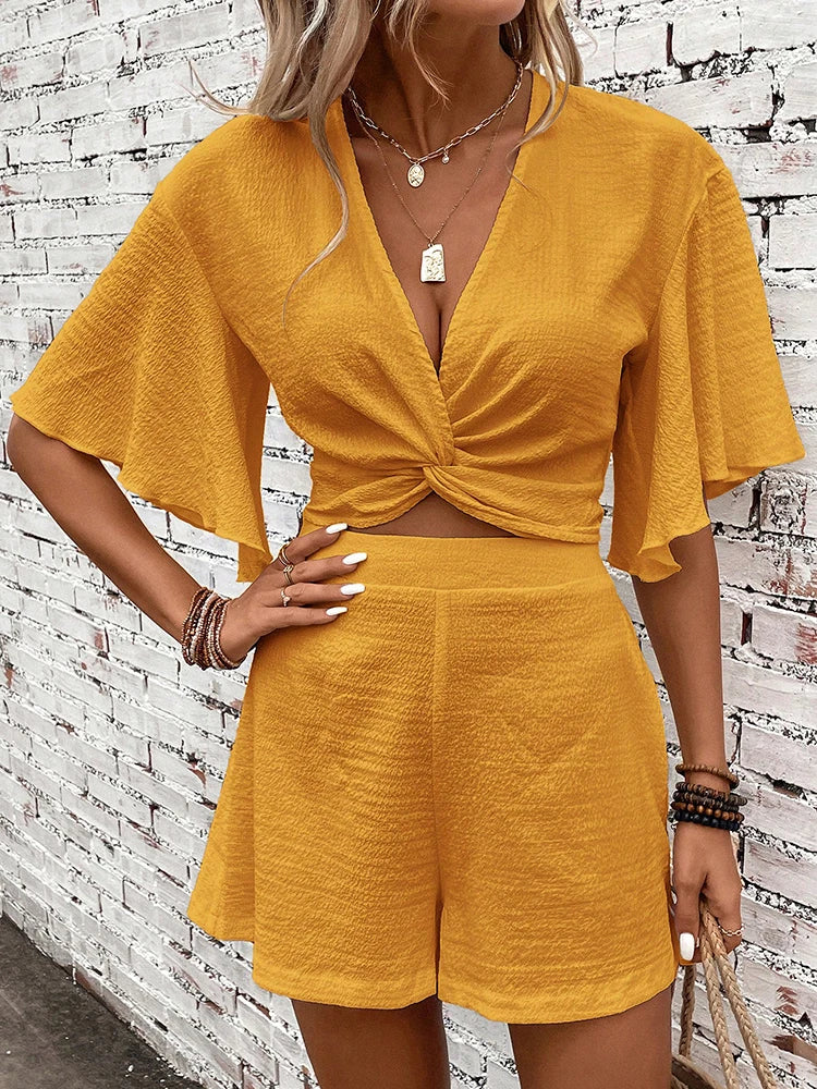 Sunny | Women's Two-Piece Twist Crop Top and Flutter Sleeve Shorts Set