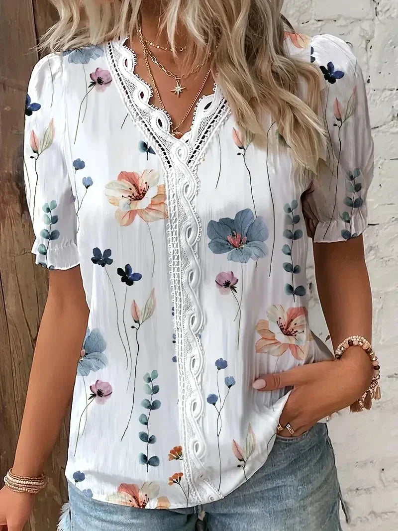 Joann™ | V-Neck Blouse with Floral Lace Design
