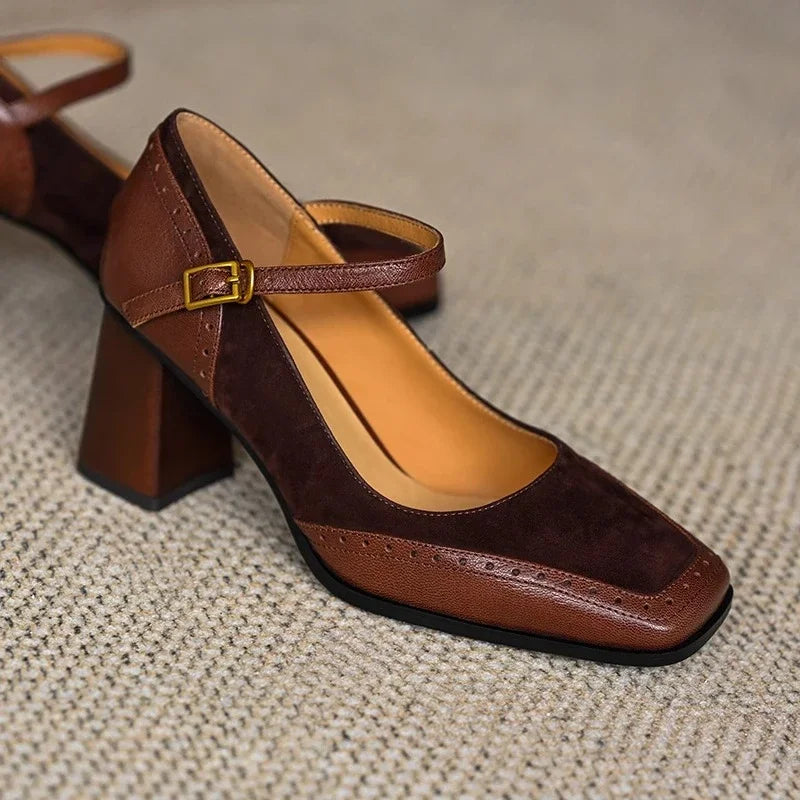 Constance | Women's Ankle Strap Brogue Pumps with Square Toe and Block Heel