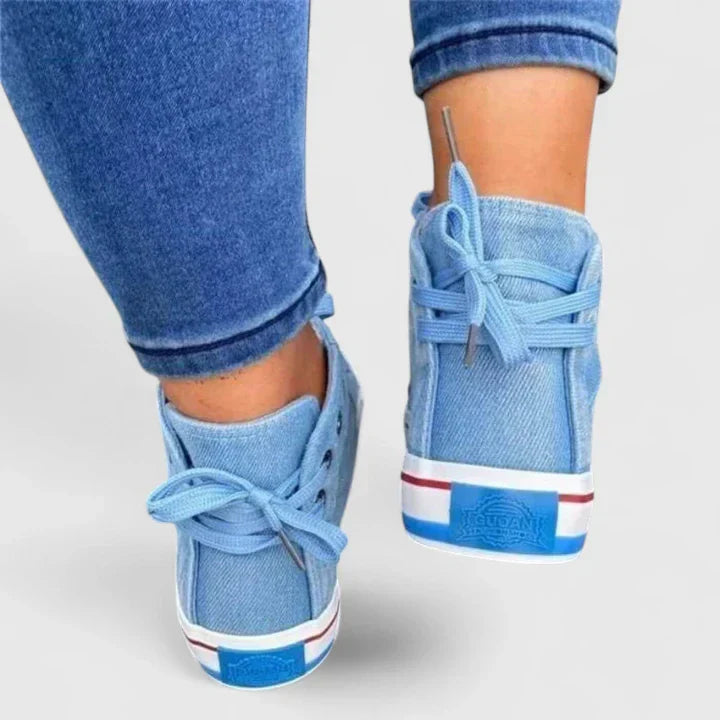 Freya | Women's High-Top Denim Lace-Up Sneakers with Side Zipper