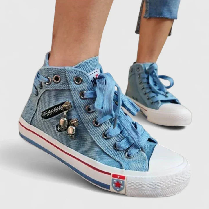 Freya | Women's High-Top Denim Lace-Up Sneakers with Side Zipper