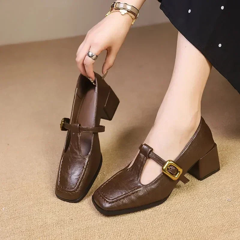 Odette | Women's Square Toe Mary Jane Block Heels with Gold Buckle