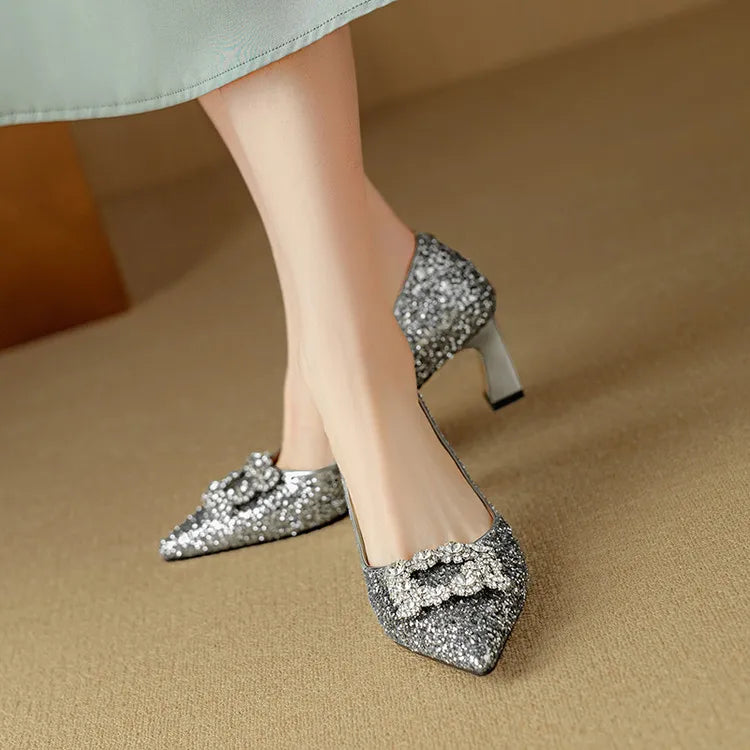 Stella | Women's Pointed Toe Glitter Block Heel Pumps with Crystal Buckle