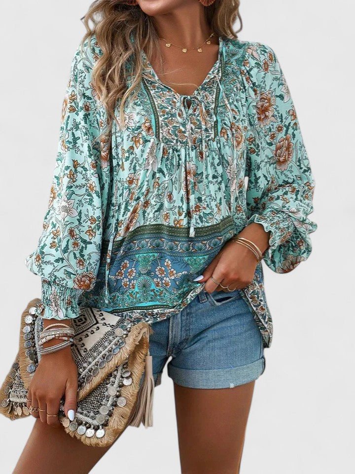 Sienna | Women's Bohemian Floral V-Neck Blouse with Puff Sleeves