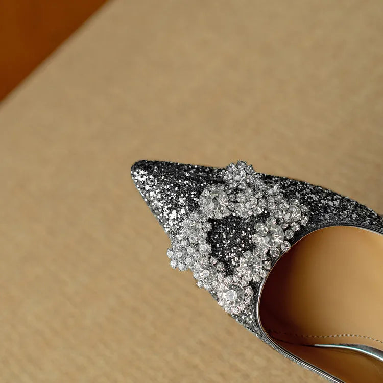 Stella | Women's Pointed Toe Glitter Block Heel Pumps with Crystal Buckle