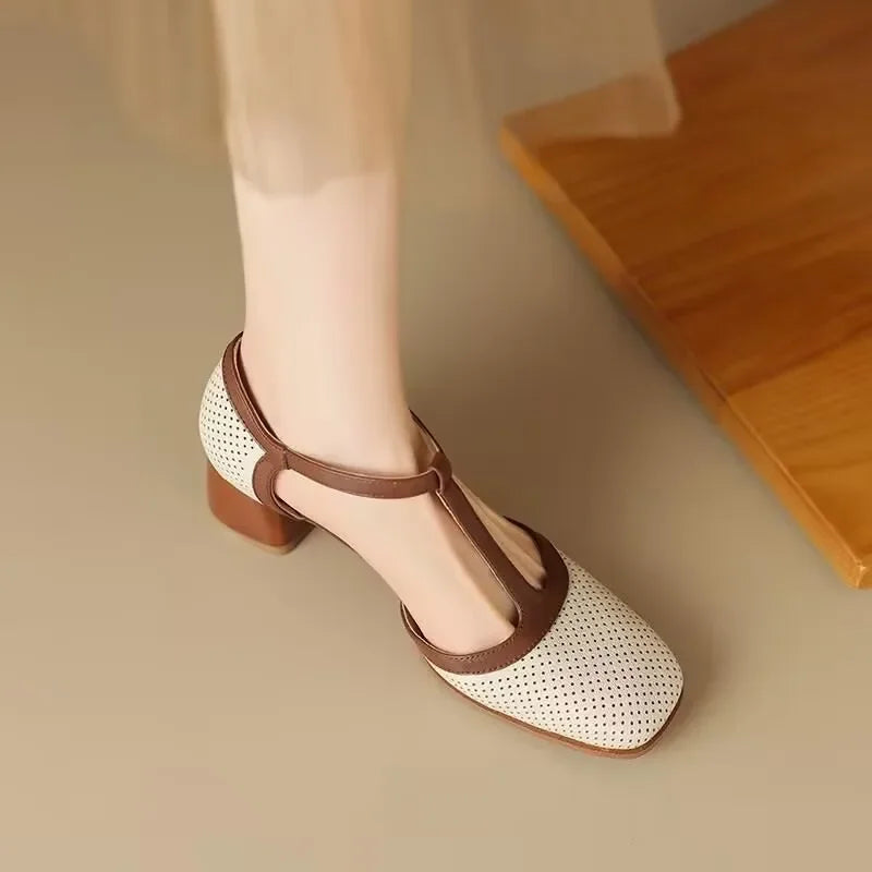 Piper | Women's Mid Heel T-Strap Block Pumps with Square Toe