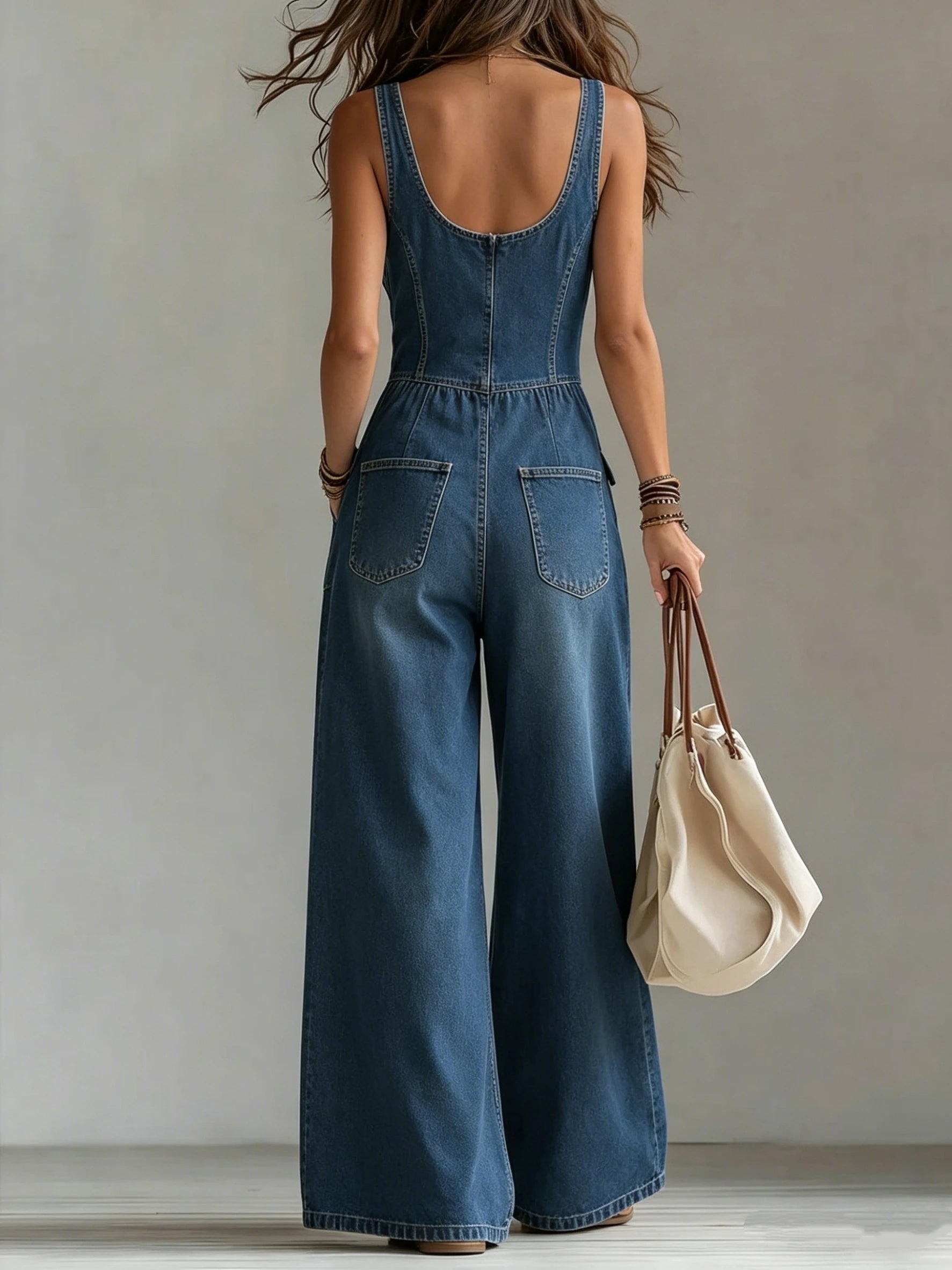 Vintage-Inspired Wide Leg Denim Jumpsuit