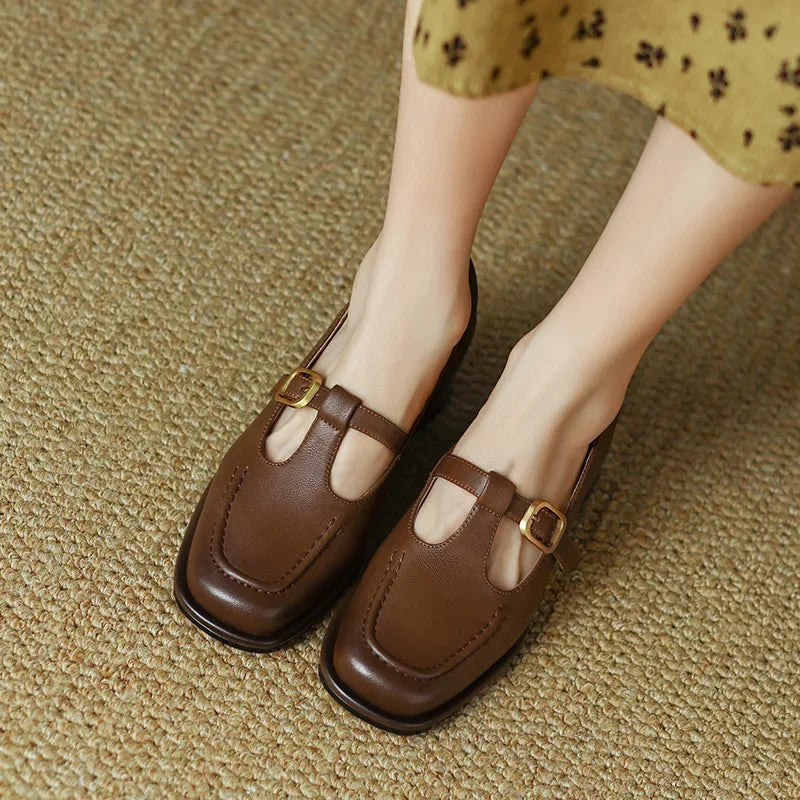 Wren | Women's T-Strap Mary Jane Shoes with Square Toe and Low Block Heel