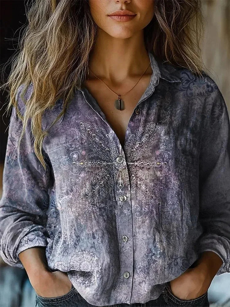 Vintage Floral Print Long Sleeve Button-Down Shirt for Women - Autumn Collection