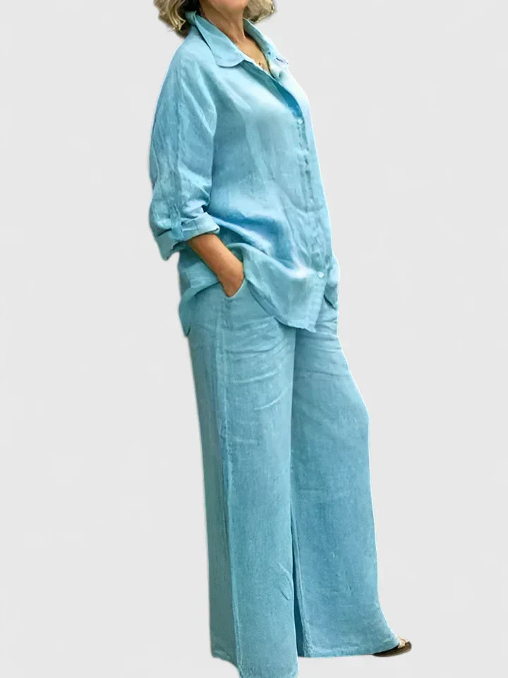 Roslyn | Women's Two-Piece Set: Button-Down Shirt and Wide Leg Pants