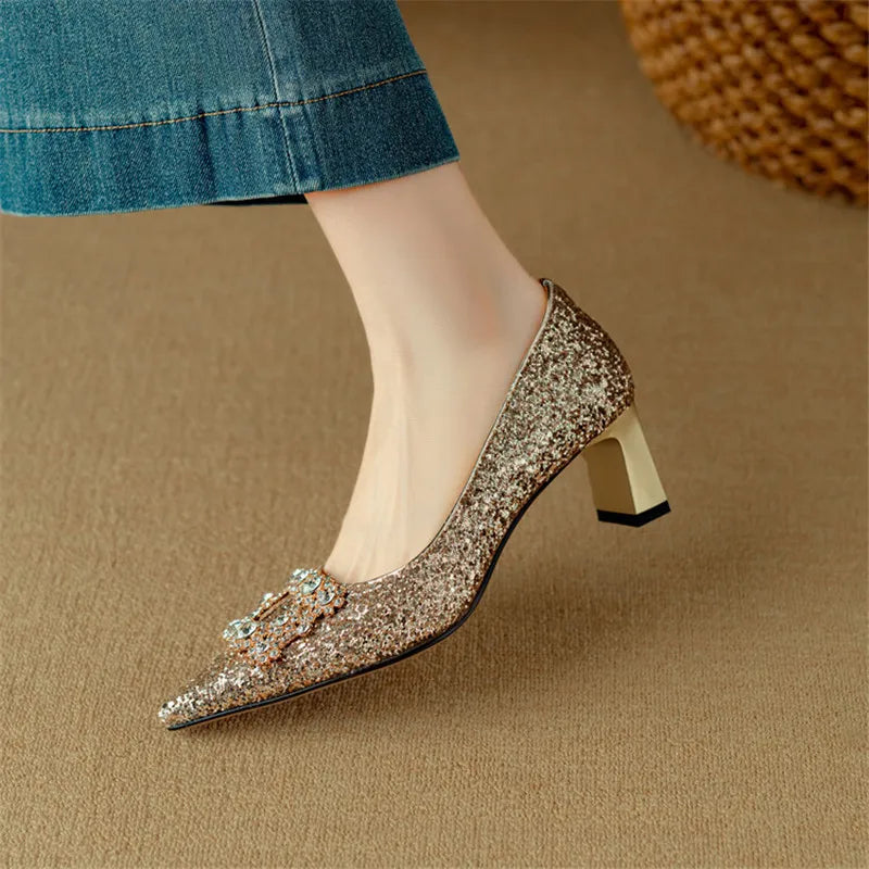 Stella | Women's Pointed Toe Glitter Block Heel Pumps with Crystal Buckle
