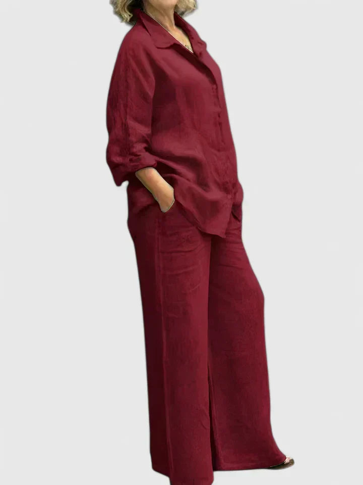 Roslyn | Women's Two-Piece Set: Button-Down Shirt and Wide Leg Pants