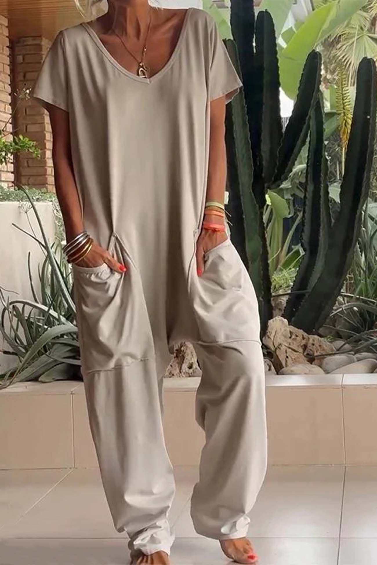 Breezy Women's V-Neck Short Sleeve Loose-Fit Jumpsuit with Pockets