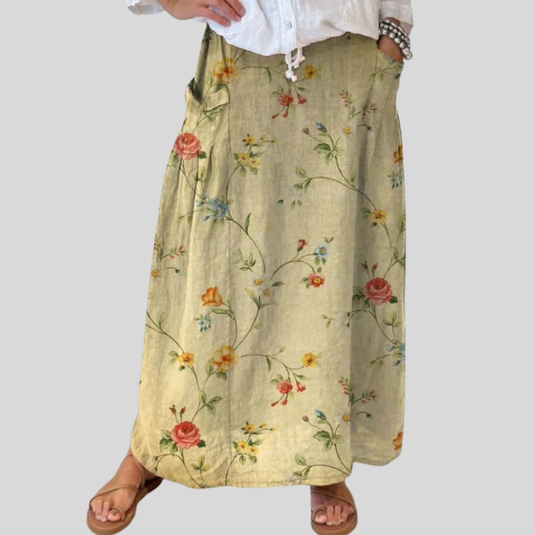 Mella™ | Vintage-Inspired Floral Print Skirt with Elastic Waistband and Pockets