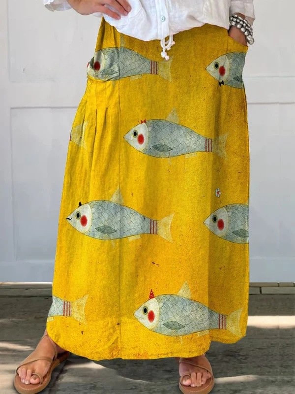 Elli™ Vintage Fish Art Print Pocket Skirt
