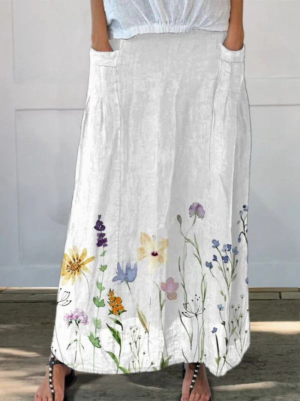Kisha™ | Watercolor Spring Meadows Art Print Elastic Waist Pocket Skirt