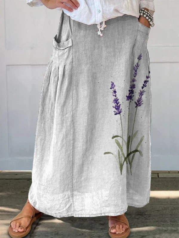 Marian™ | Floral Lavender Watercolor Print Skirt with Elastic Waistband and Pockets