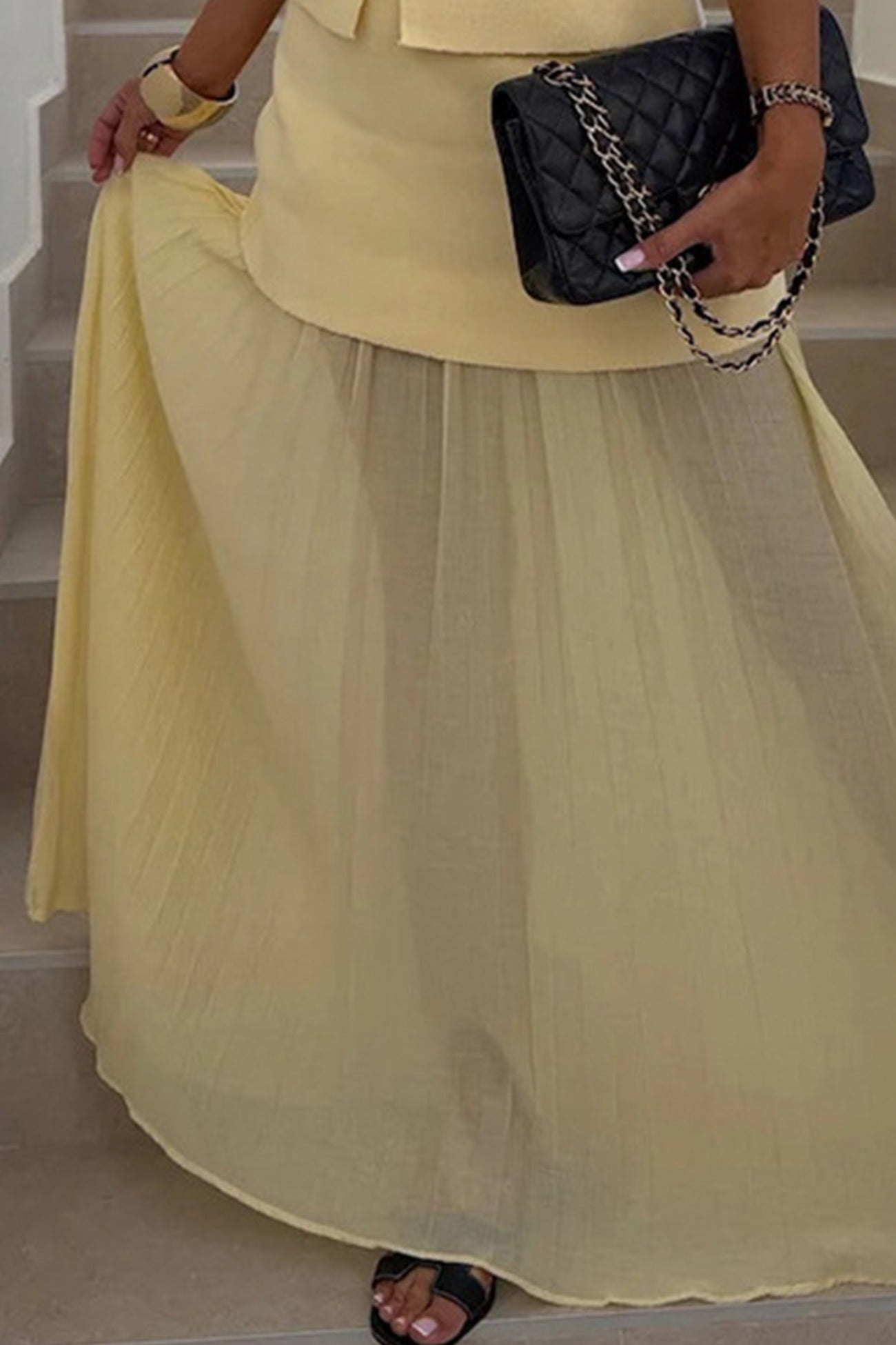 V-Neck Knit Top & Pleated Maxi Skirt Set