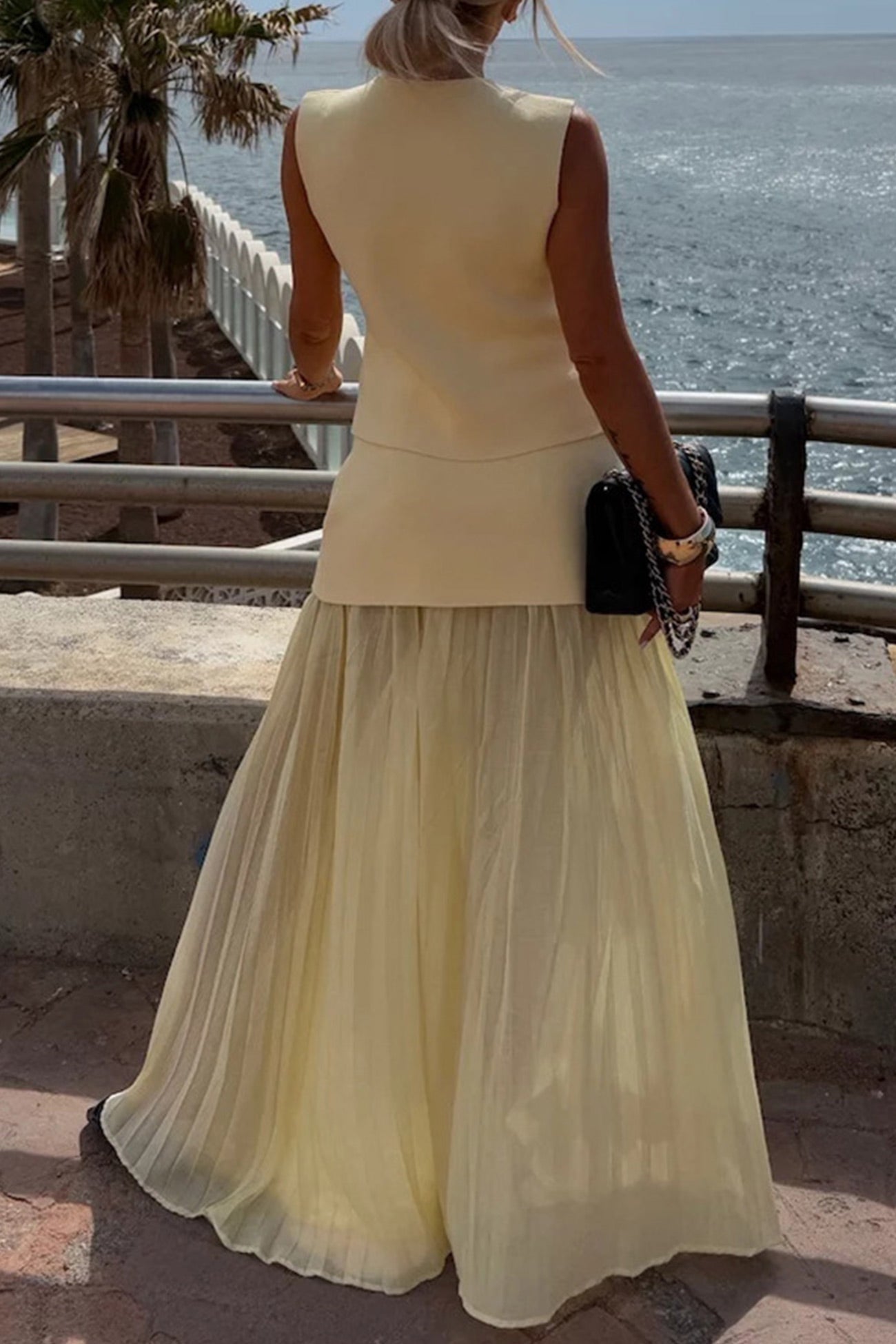 V-Neck Knit Top & Pleated Maxi Skirt Set