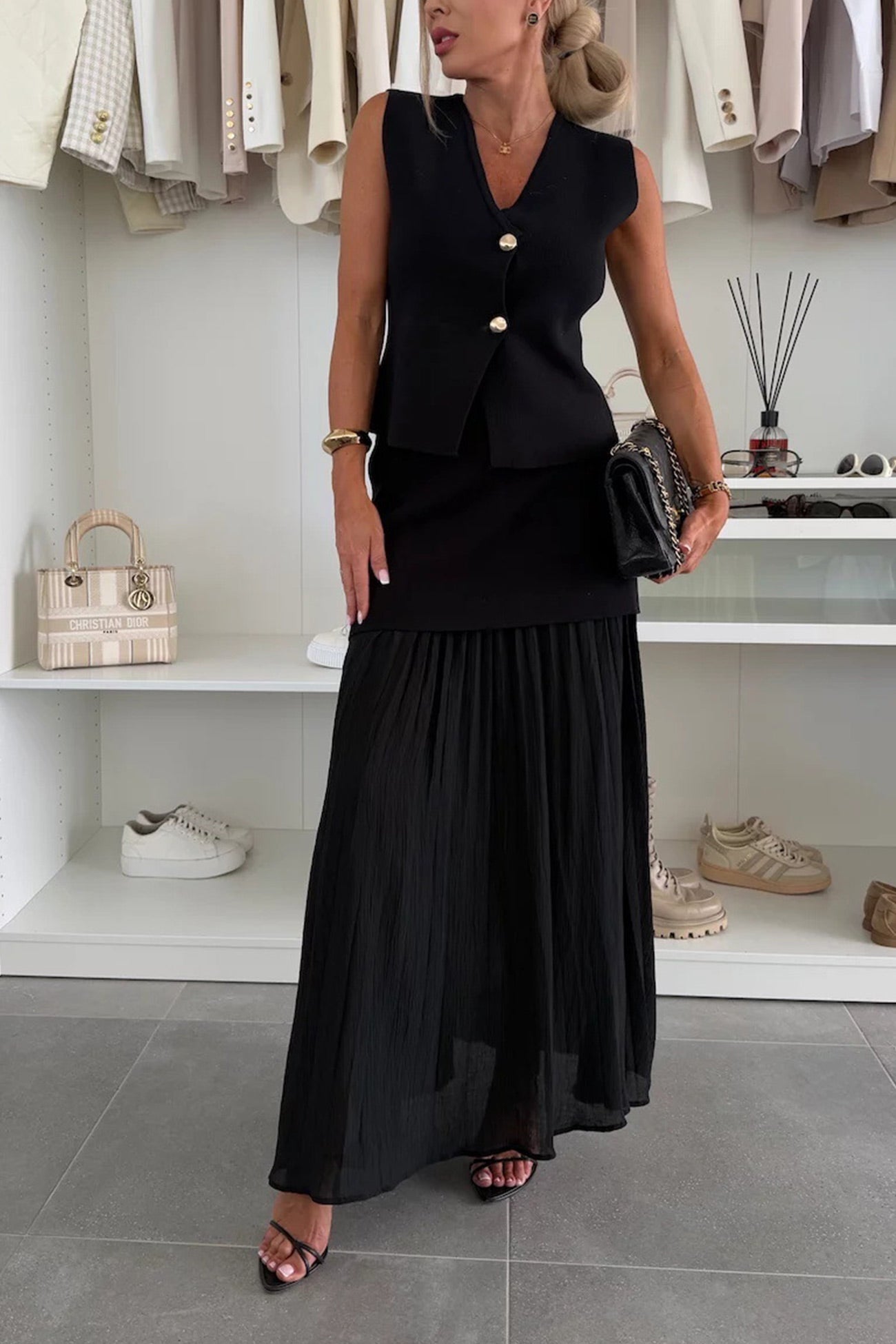 V-Neck Knit Top & Pleated Maxi Skirt Set