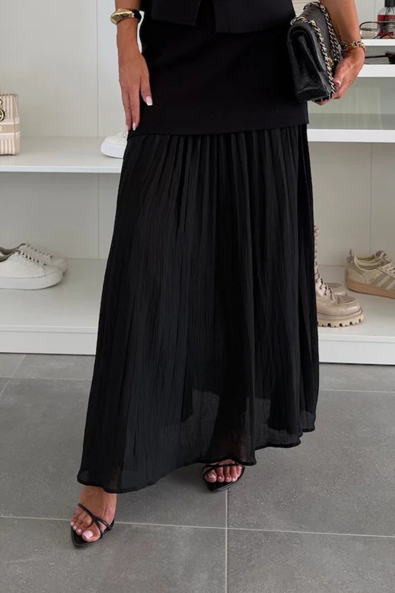 V-Neck Knit Top & Pleated Maxi Skirt Set