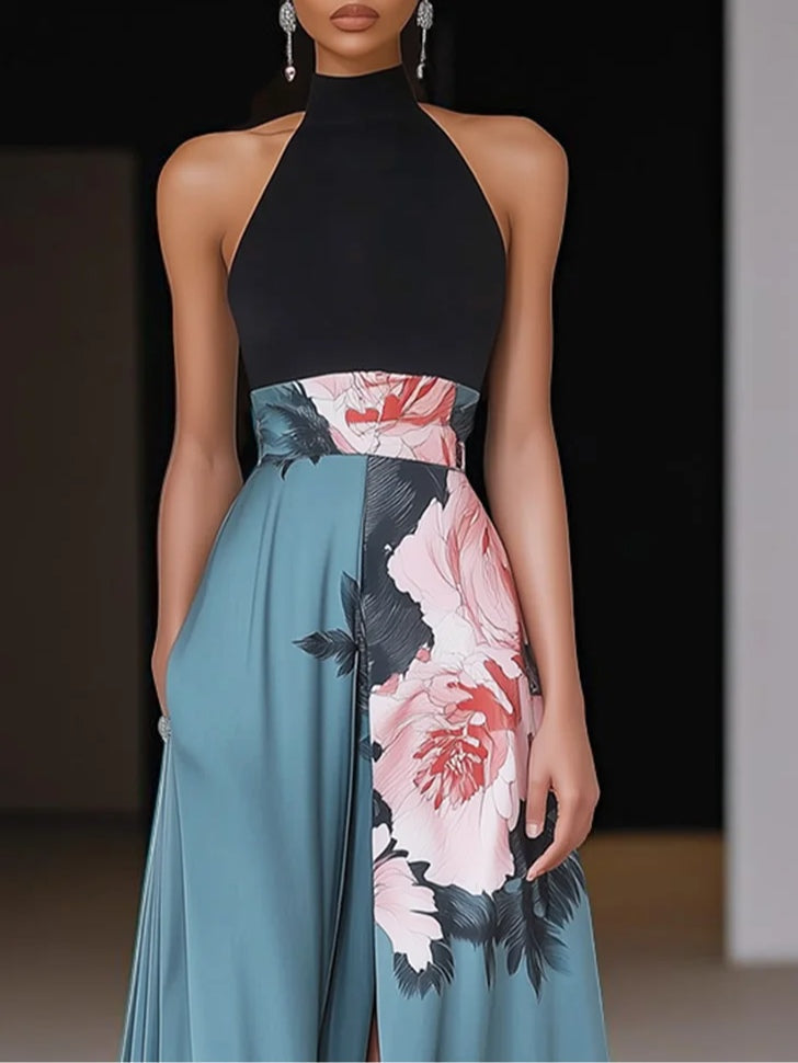 Janelle™ | Black Floral A-Line Maxi Dress with Slit and Classic Crew Neck