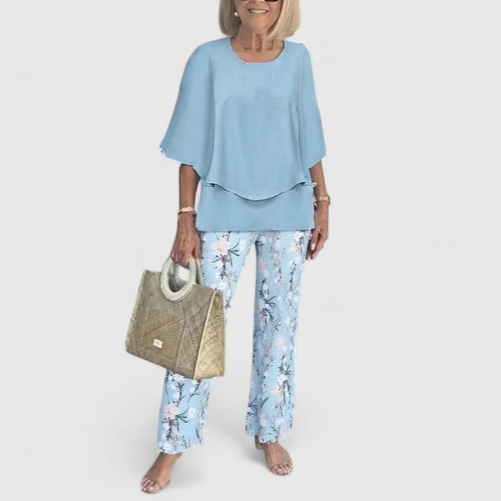 Fern | Women's Floral Print Casual Top and Wide-Leg Pants Ensemble