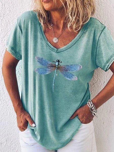 Luna | Women's Casual V-Neck Tee with Dragonfly Print and Short Sleeves