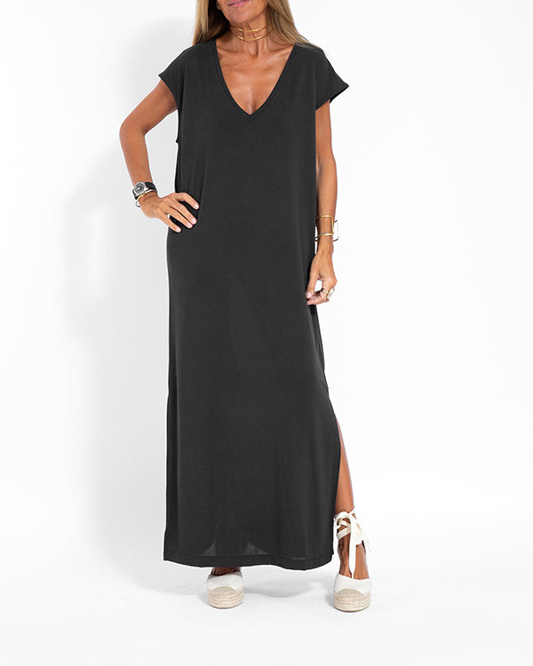 Coral Women's V-Neck Short Sleeve Maxi Dress with Side Slits