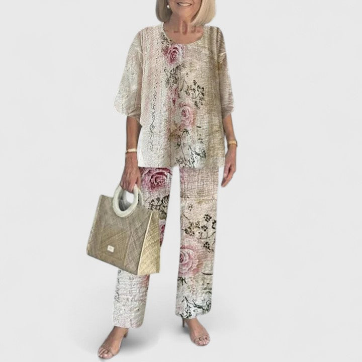 Fern | Women's Floral Print Casual Top and Wide-Leg Pants Ensemble