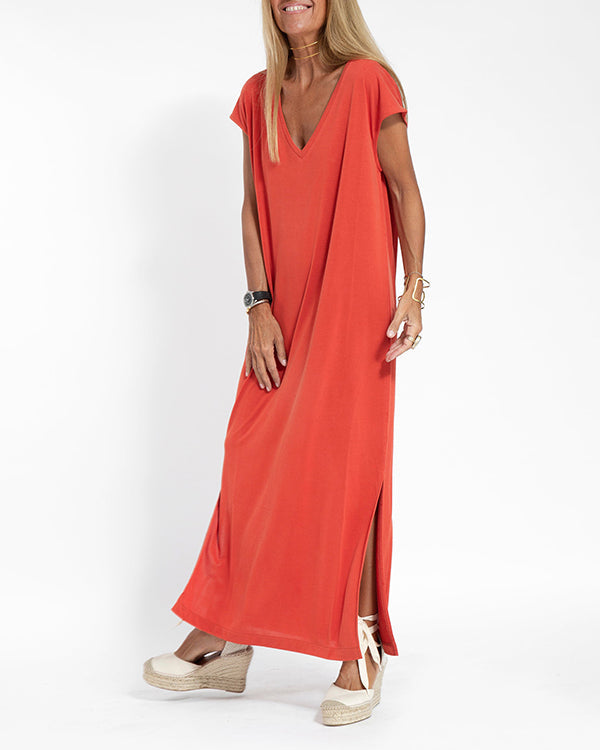 Coral Women's V-Neck Short Sleeve Maxi Dress with Side Slits