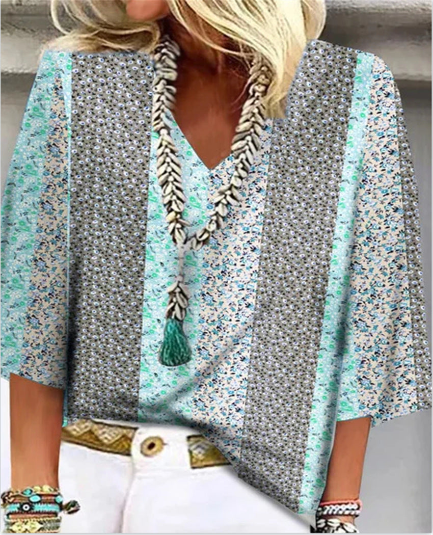 Mosaic | Women's V-Neck 3/4 Sleeve Top with Ditsy Floral Patchwork