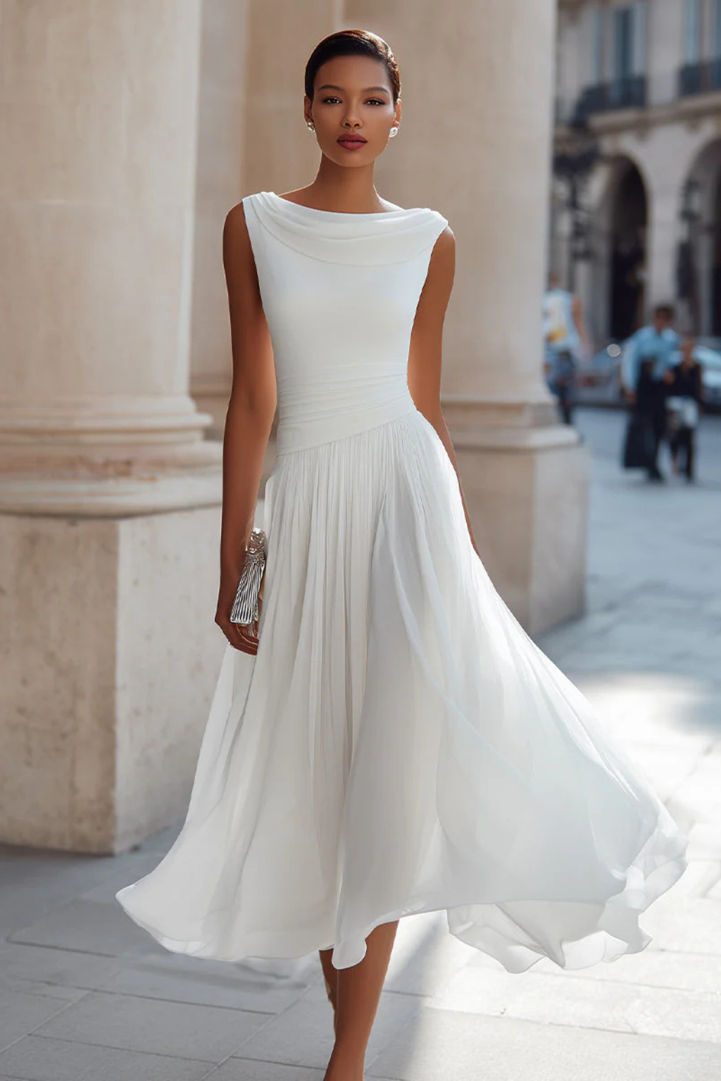 Celeste | Women's Midi Dress with Sleeveless Pleated Design