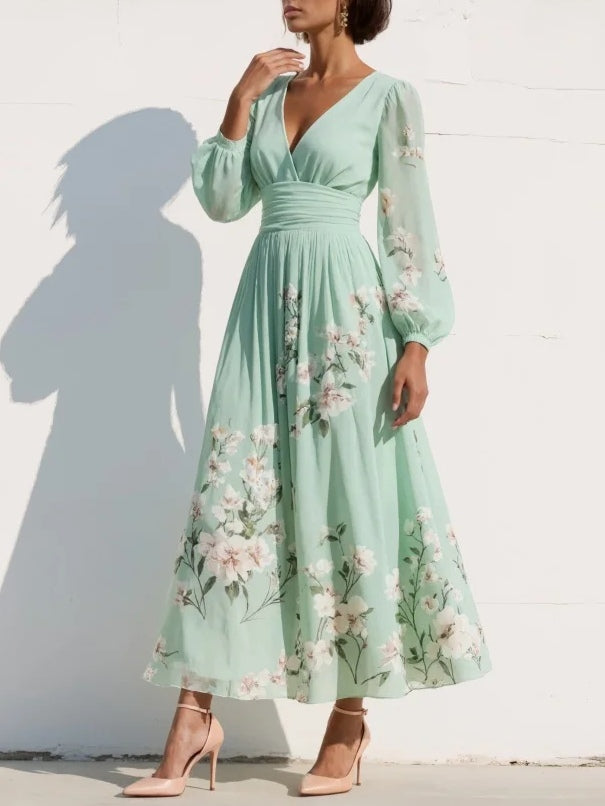 Clementina | Women's Floral V-Neck Midi Dress" can be rewritten as:
"Clementina | Women's Midi Dress with Floral V-Neck Design