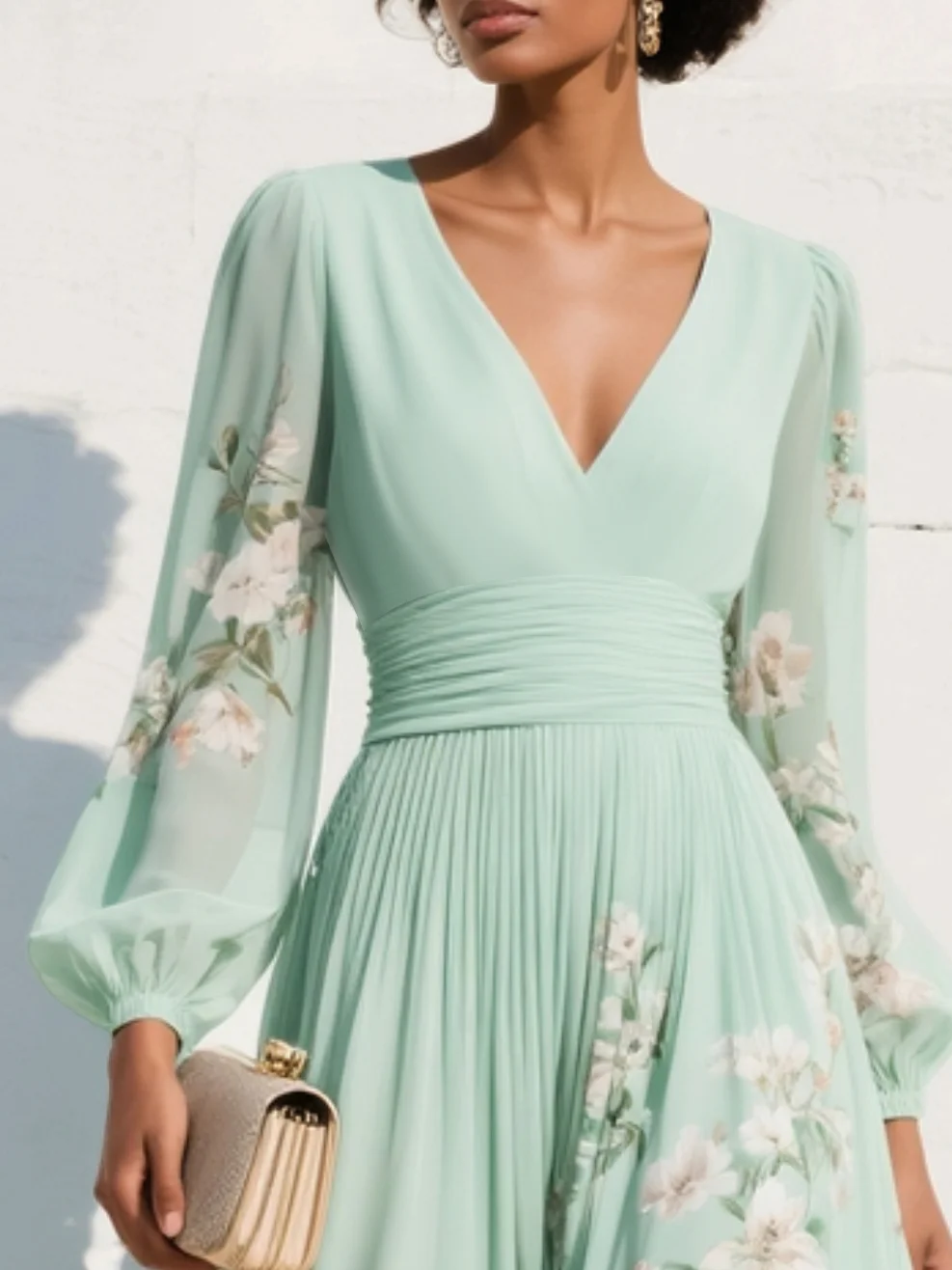 Clementina | Women's Floral V-Neck Midi Dress" can be rewritten as:
"Clementina | Women's Midi Dress with Floral V-Neck Design