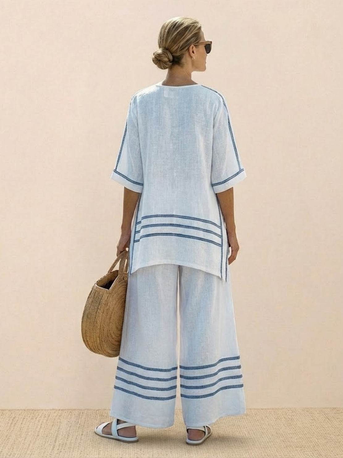 Paloma | Women's Striped Wide-Leg Pants and Tee Set - Casual Two-Piece Outfit