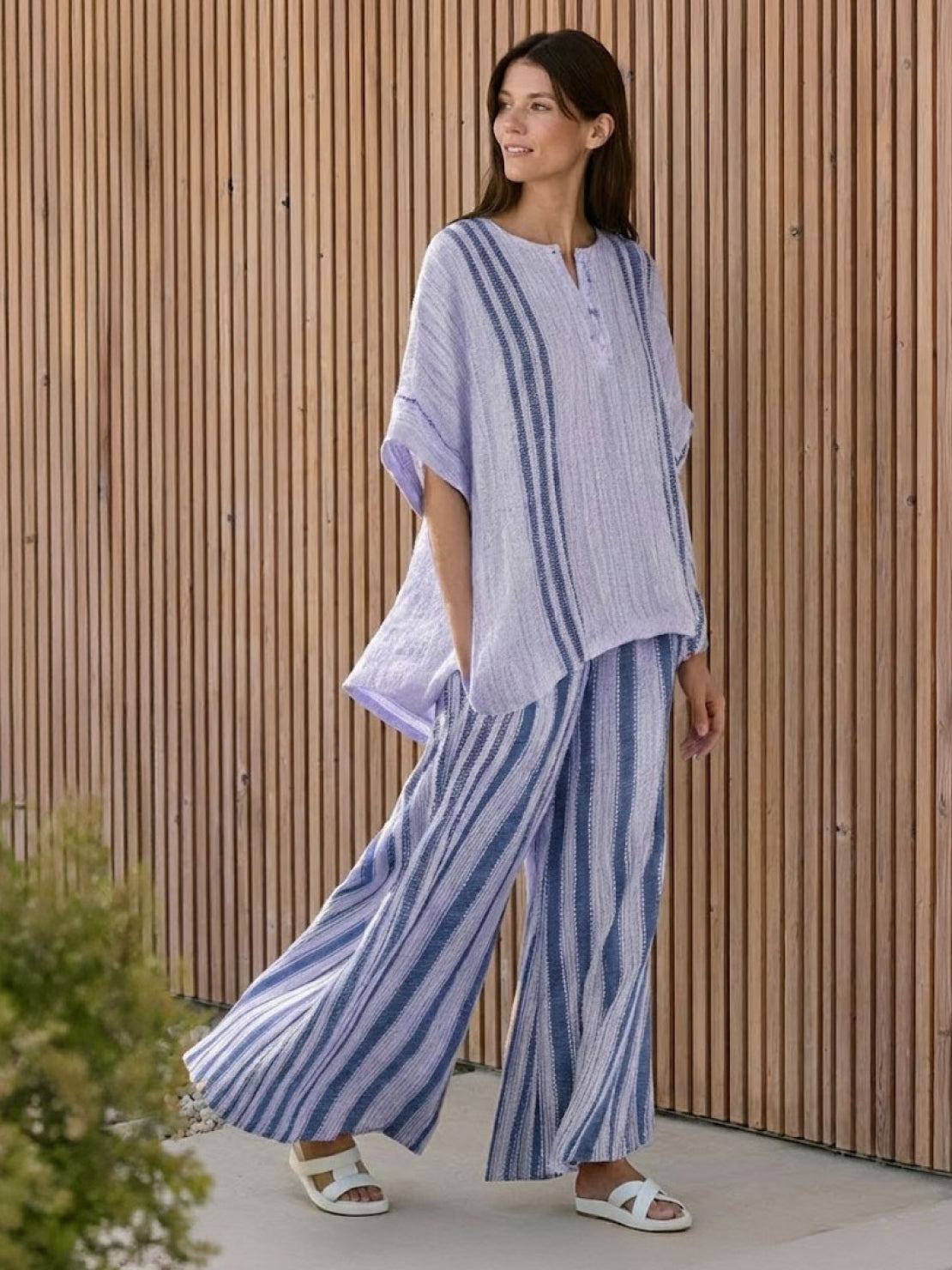 Paloma | Women's Striped Wide-Leg Pants and Tee Set - Casual Two-Piece Outfit