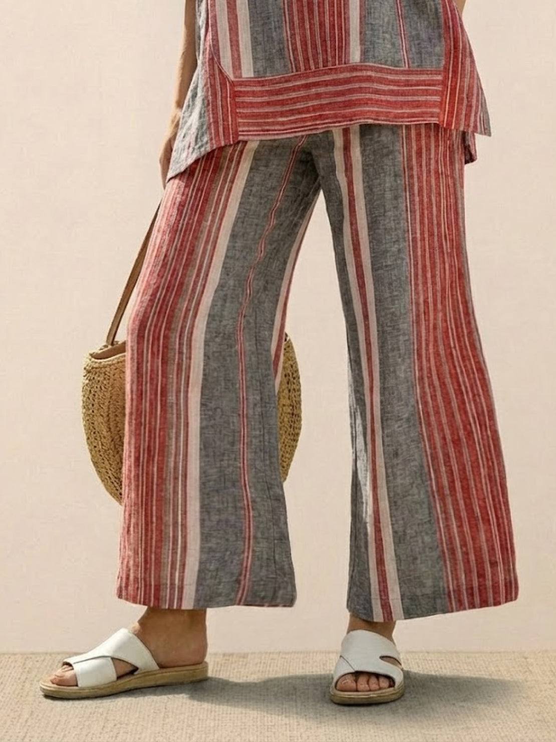Paloma | Women's Striped Wide-Leg Pants and Tee Set - Casual Two-Piece Outfit